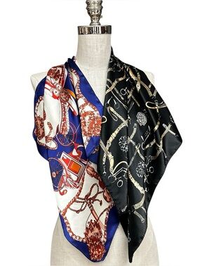 Equestrian Print Silk Scarves Blue Red Black Gold Horse Carriage Horse Bit